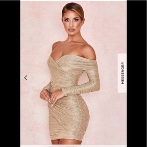 HOUSE OF CB Gold Ruched Mesh OFF SHOULDER DRESS